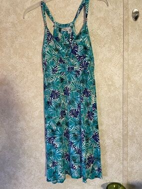 Allison Brittney Teal & Navy Tropical Midi Dress